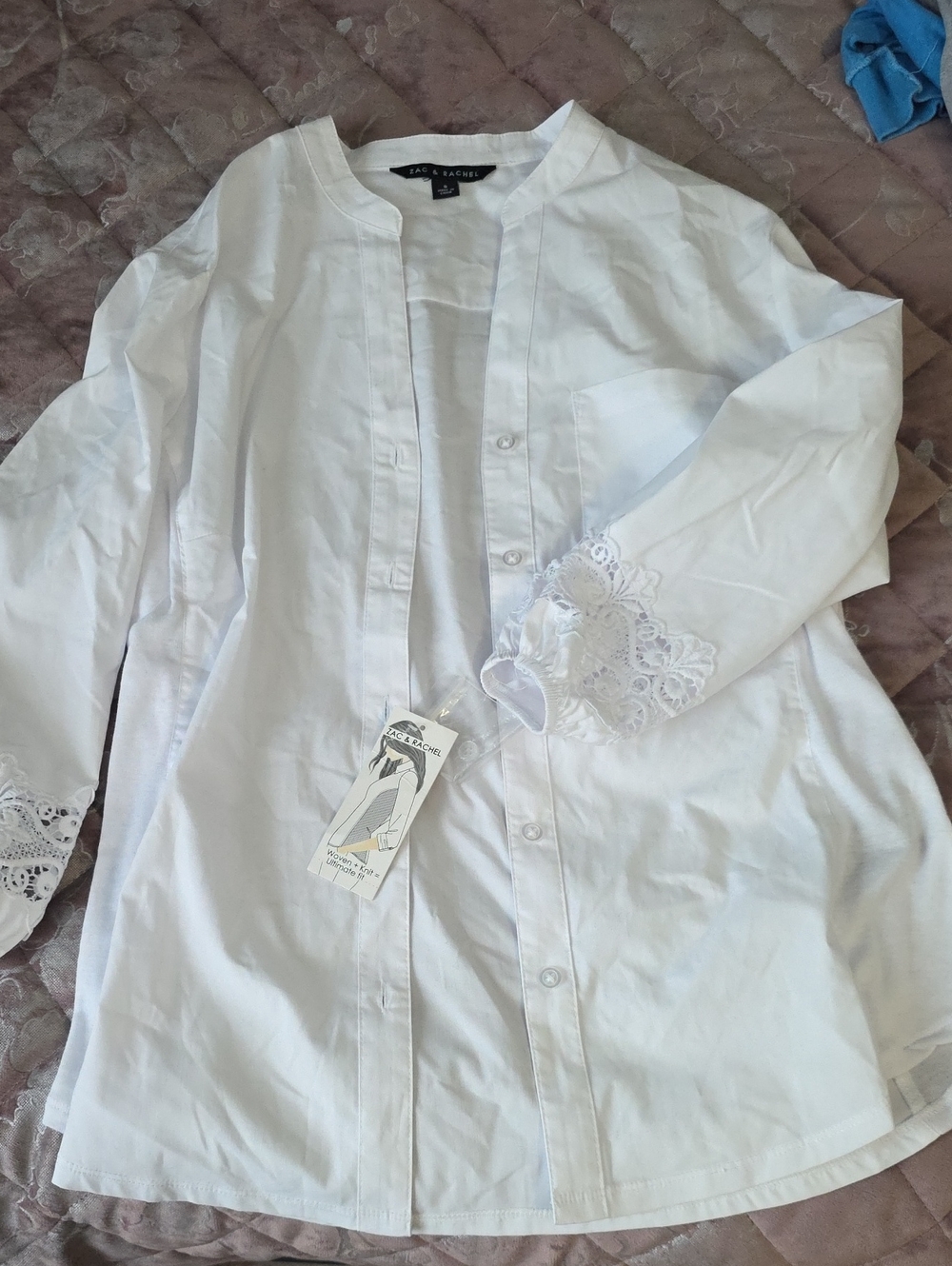 White Button-Front Blouse with Lace Cuffs
